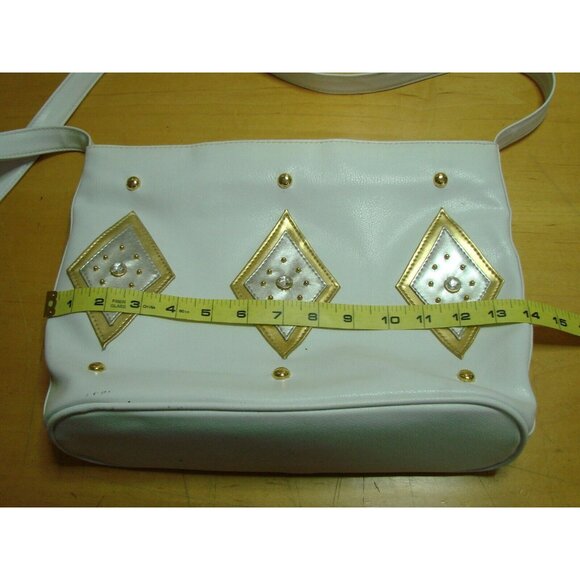 Retro Silver Gold Diamond Design White Crossbody Bag Faux Leather Granny Core - Picture 10 of 13